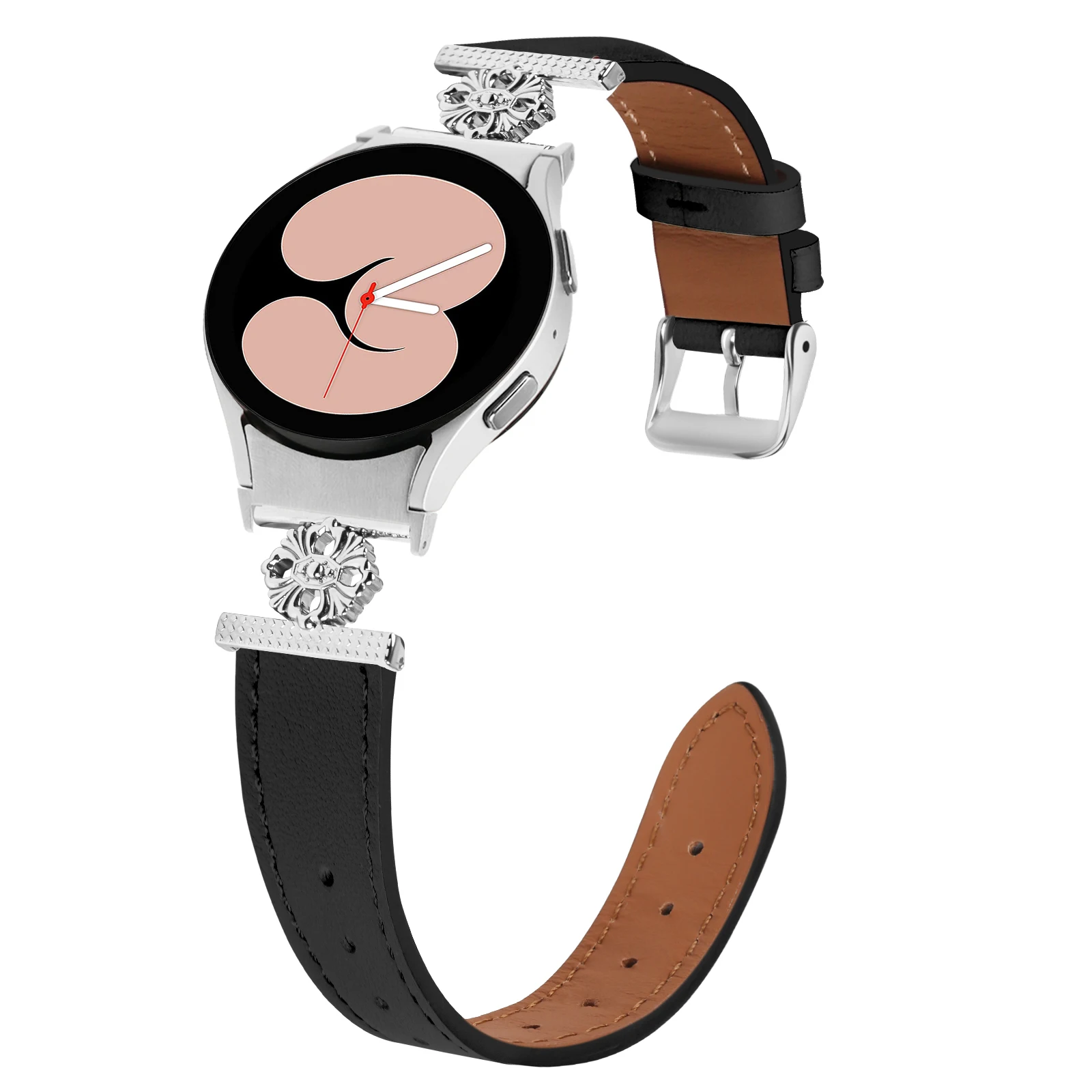 No Gap Strap For Samsung Galaxy Watch 7 6 5 4 Watchband Leather + metal Four Petals Bracelet Band for Watch 5 Pro 45mm 4 Classic image 3