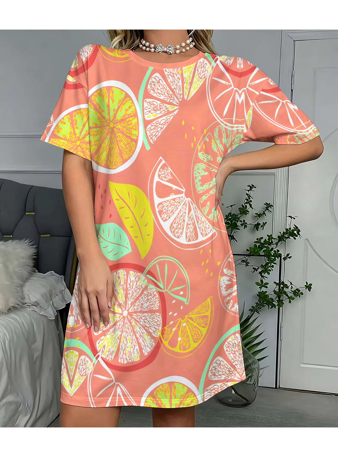 Women's Round Neck Short-Sleeve Dress with Hand-Painted Grapefruit, Pink Foundation, Citrus, and Lemon Slices Fruit Print All Over, A-Line Casual Dress