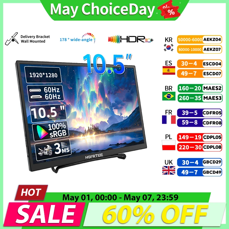 HGFRTEE 10.5 Inch Portable Monitor 1280P 100%sRGB Low Blue Light Extension Display For XBox PS4 / 5 Switch Cell Phone PC Loptop