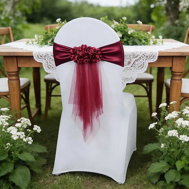 4/6/12/50/100 Pcs Chair Sashes Tie Gauze Flower Knot Back Elastic Sash Band Belt Bow For Banquet Wedding Party Event Decoration