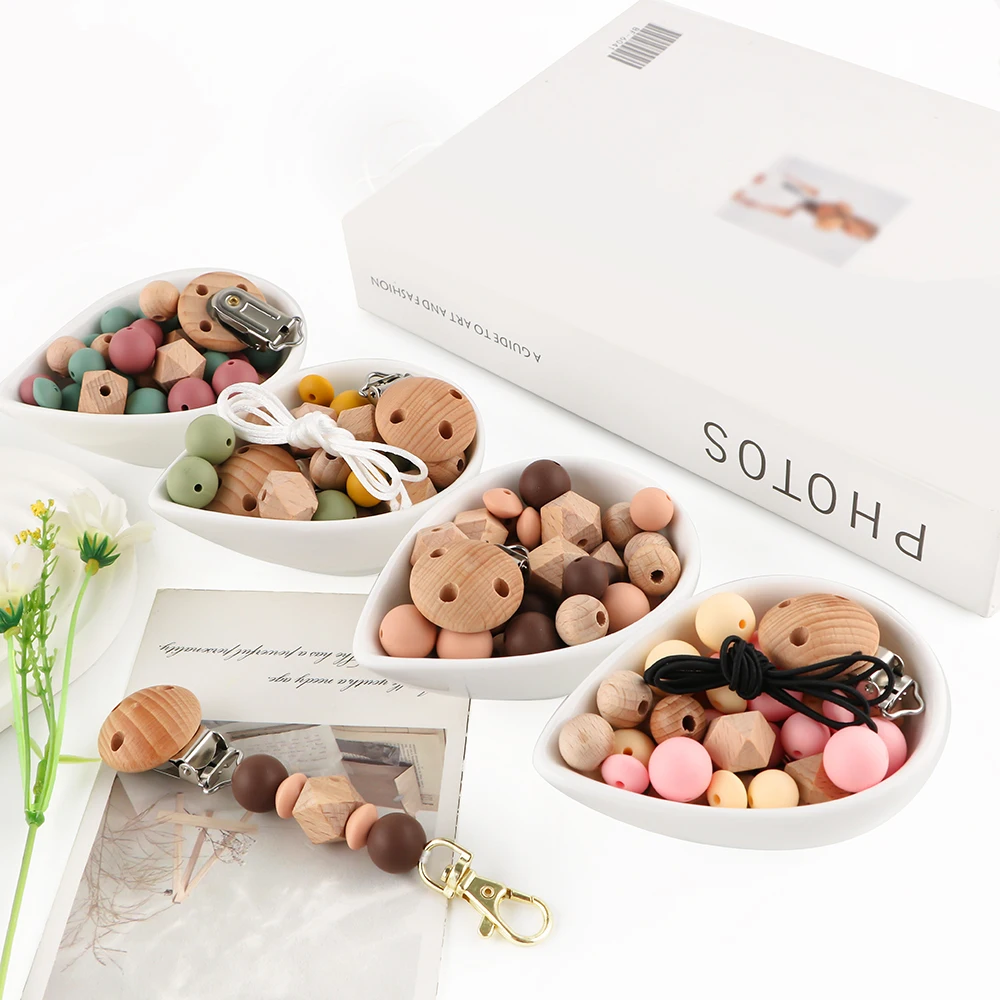 Natural Beech Wood Round Clip Round Bead Silicone Round Bead Set DIY Accessories For Keychain Semi-finished Product