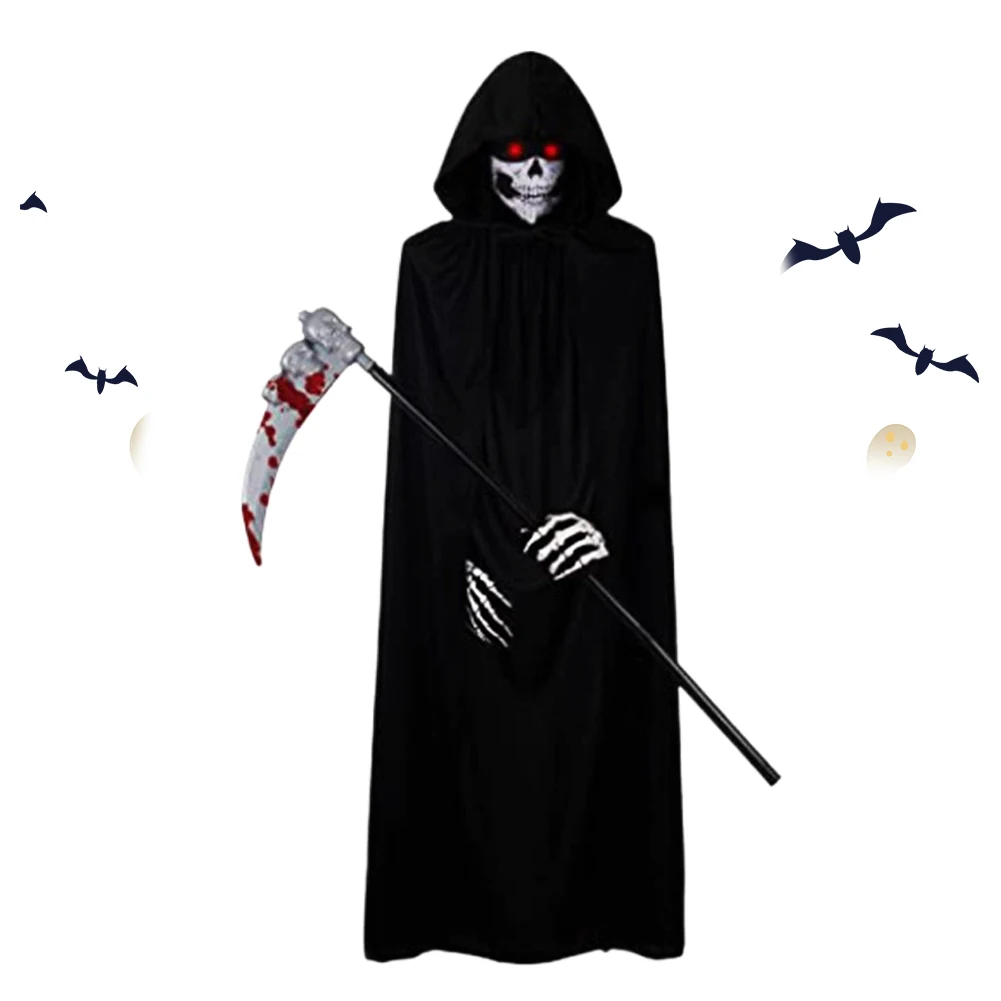 Halloween Grim Reaper Costume with Glowing Red Eyes & Gloves Mask Boy Costume Cosplay Outfit for Halloween Carnival Fancy Dress