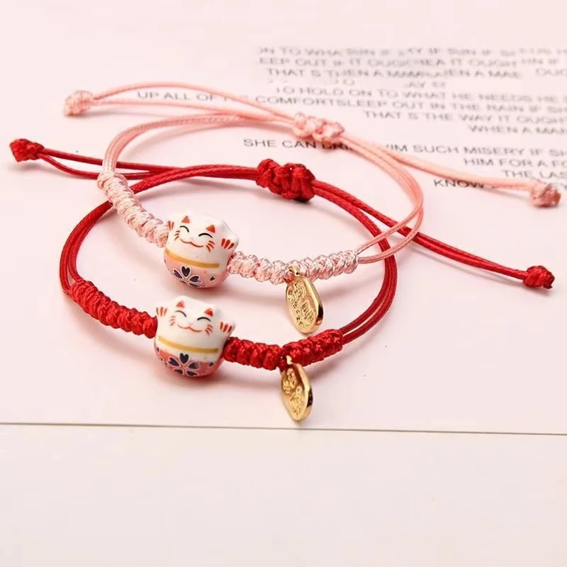 New Cartoon Lucky Cat Braided Bracelet for Women Cute Animal Kitten Hand-woven Adjustable Bangles Party Harajuku Jewelry Gift