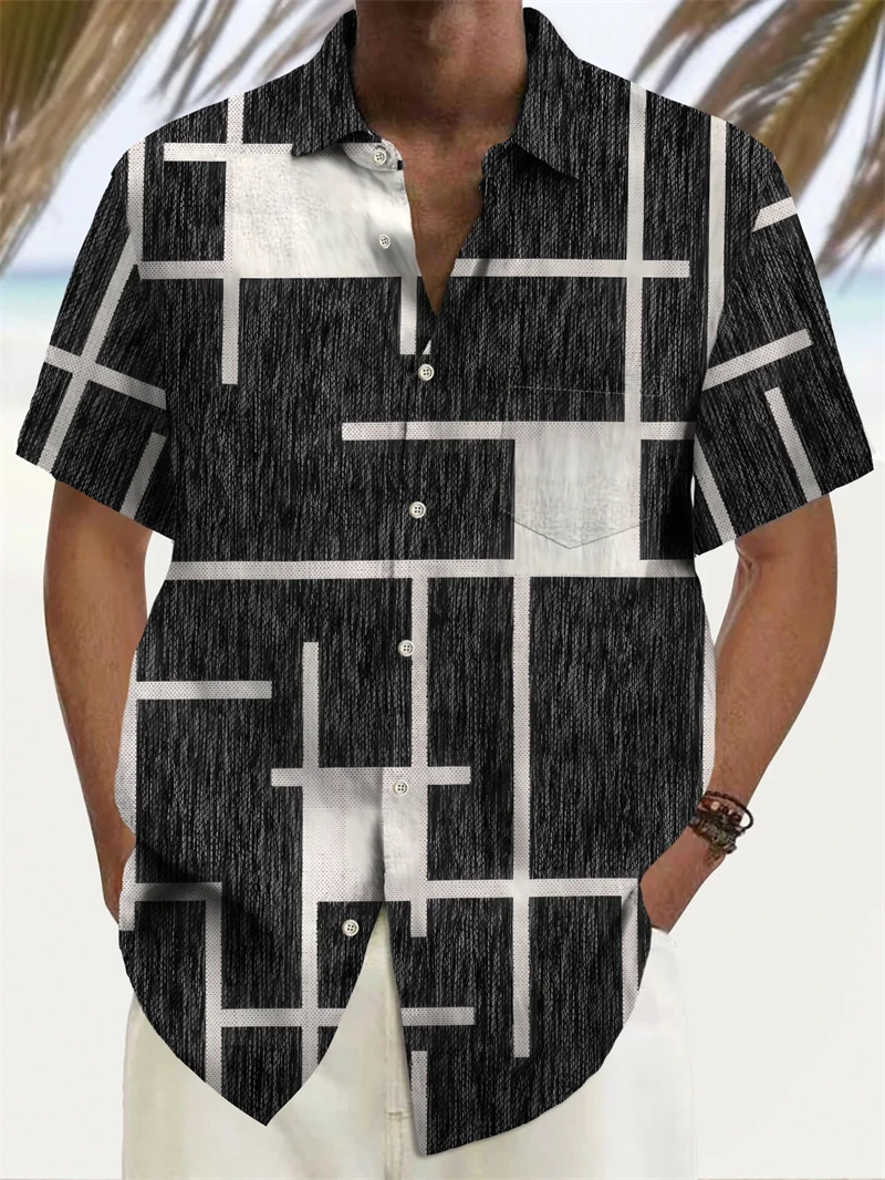 

Men's geometric color-blocked 3D printed shirt, summer street style casual collar, unisex shirt, quick-drying and breathable.