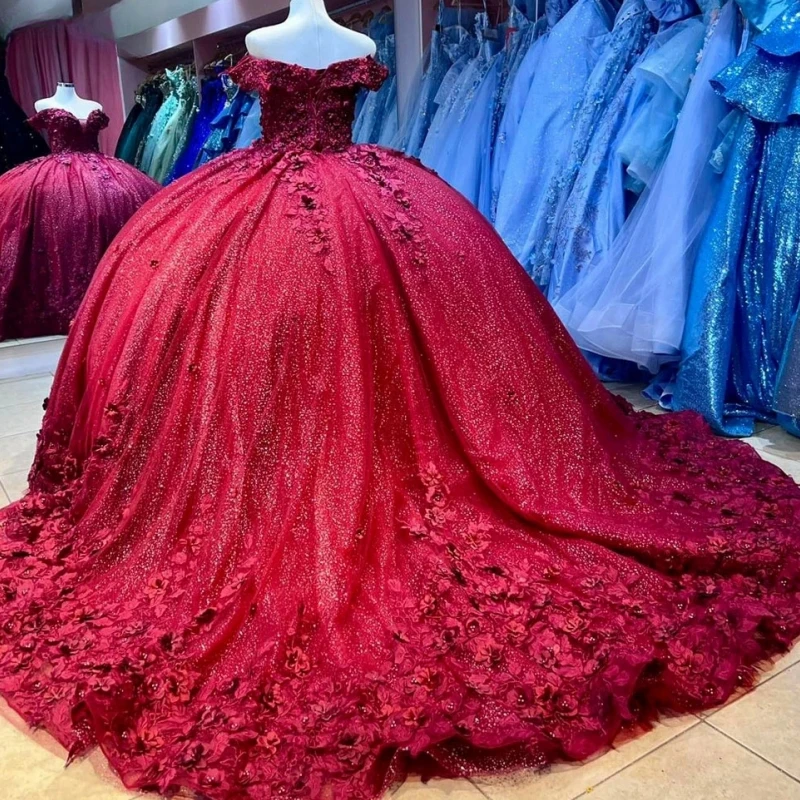 Vestidos De quinceañera con hombros descubiertos para niña, falda De baile Floral 3D, Vestido De fiesta De cumpleaños para niña De 15 a 16 años