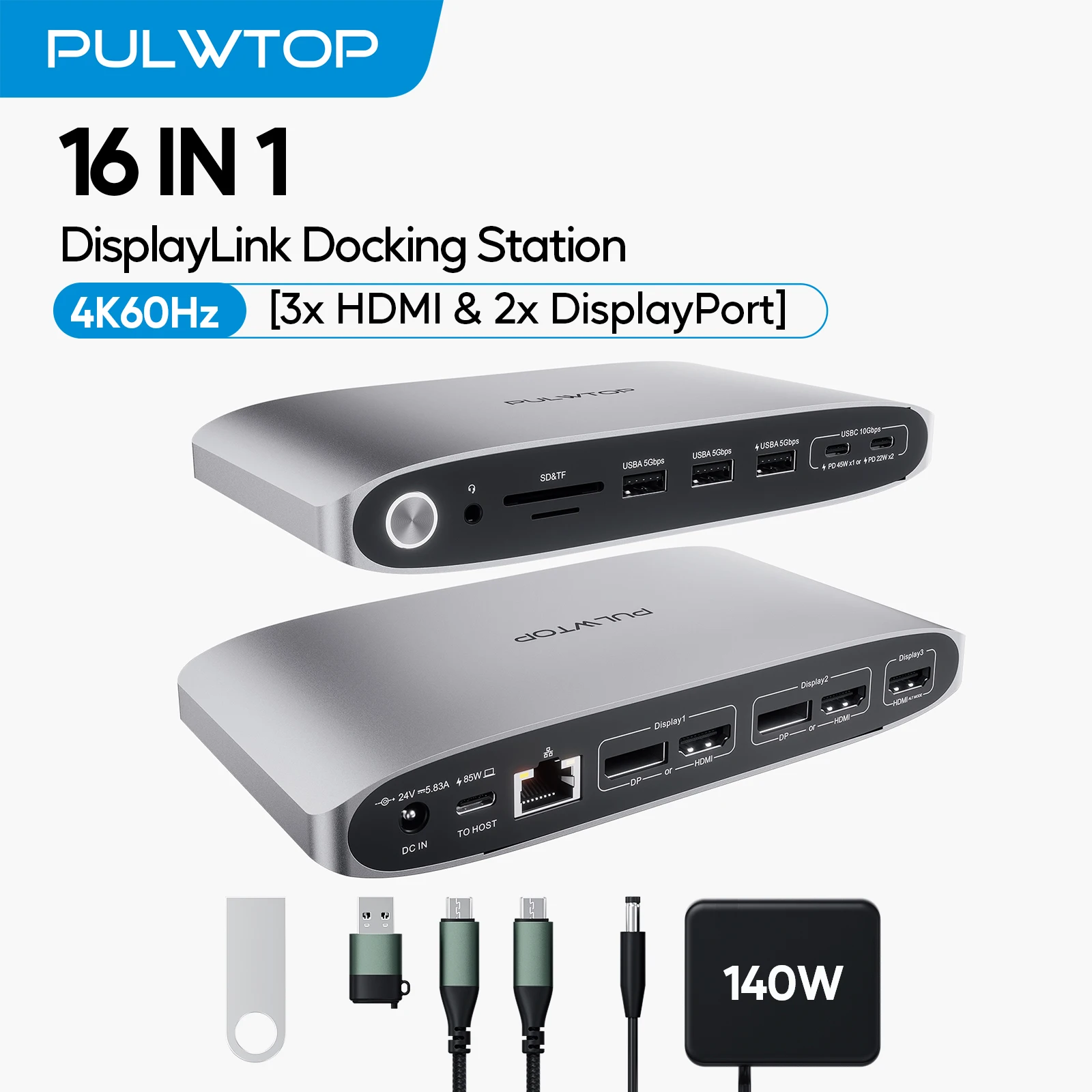 PULWTOP DisplayLink Docking Station Triple Monitor, Laptop Docking USB C Dock with 3xHDMI, 2xDisplayPort, USB C/A Data/Charging