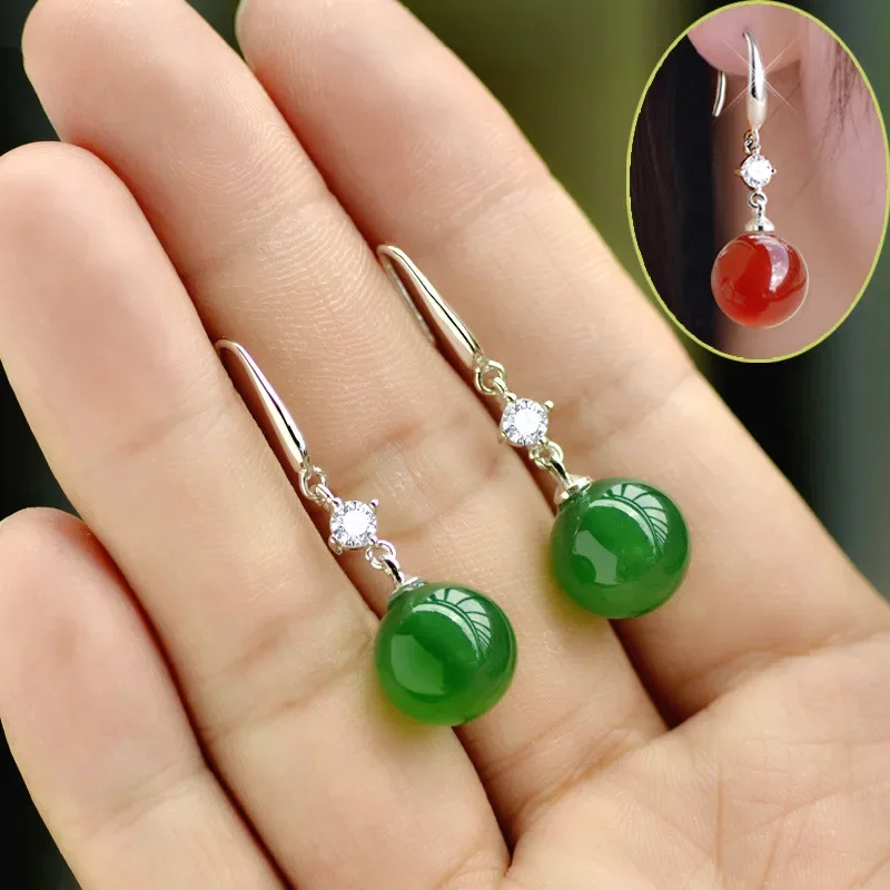 925 Sliver Emerald Jade Jewelry Earrings Natural Green Agate Chalcedony Gemstone Drop Garnet  Diamond  for Women