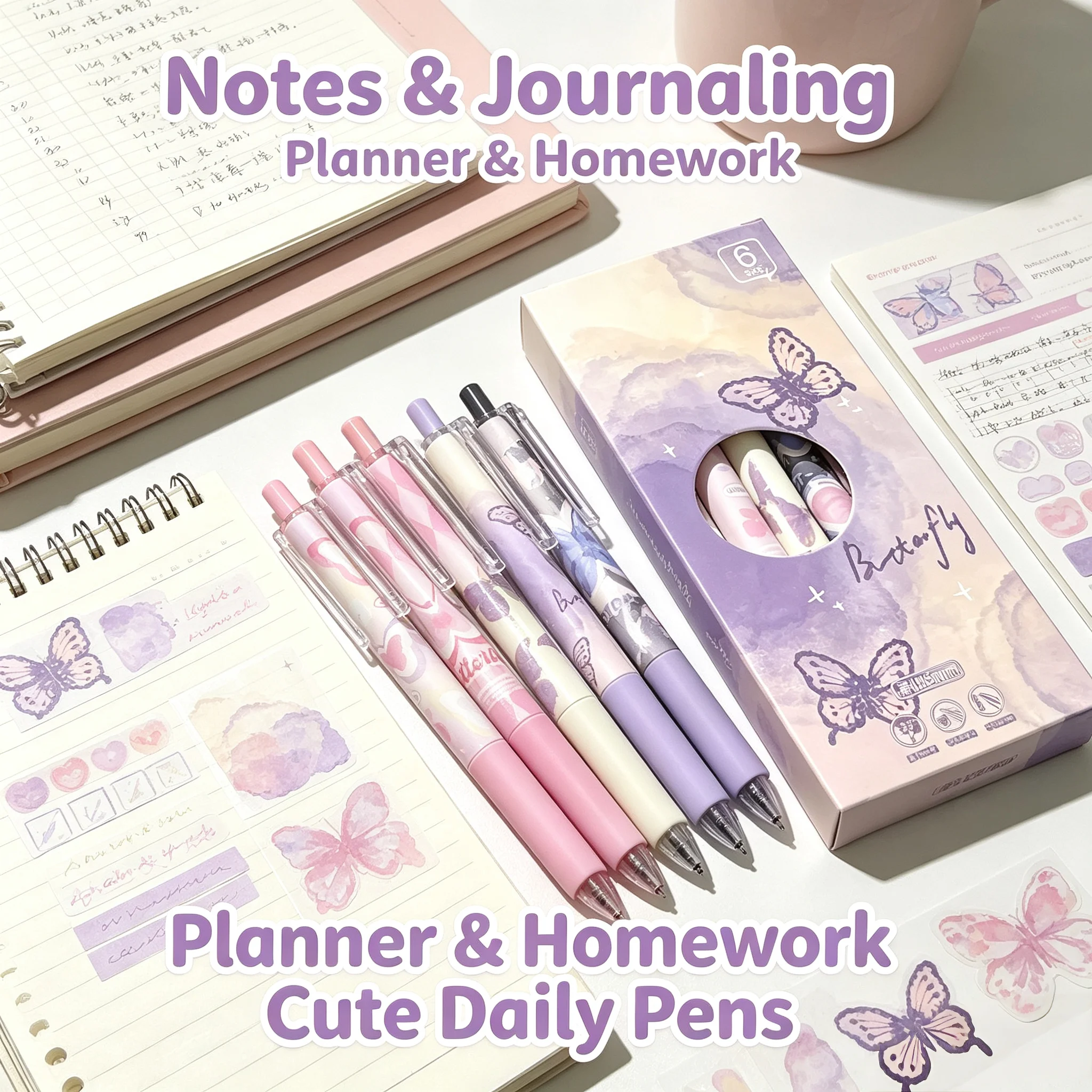6pcs Cute Butterfly Gel Pens Aesthetic Stationary Pens, Kawaii Pen Stationery, 0.5 Mm Quick-drying Black Ink Pens Fine Point