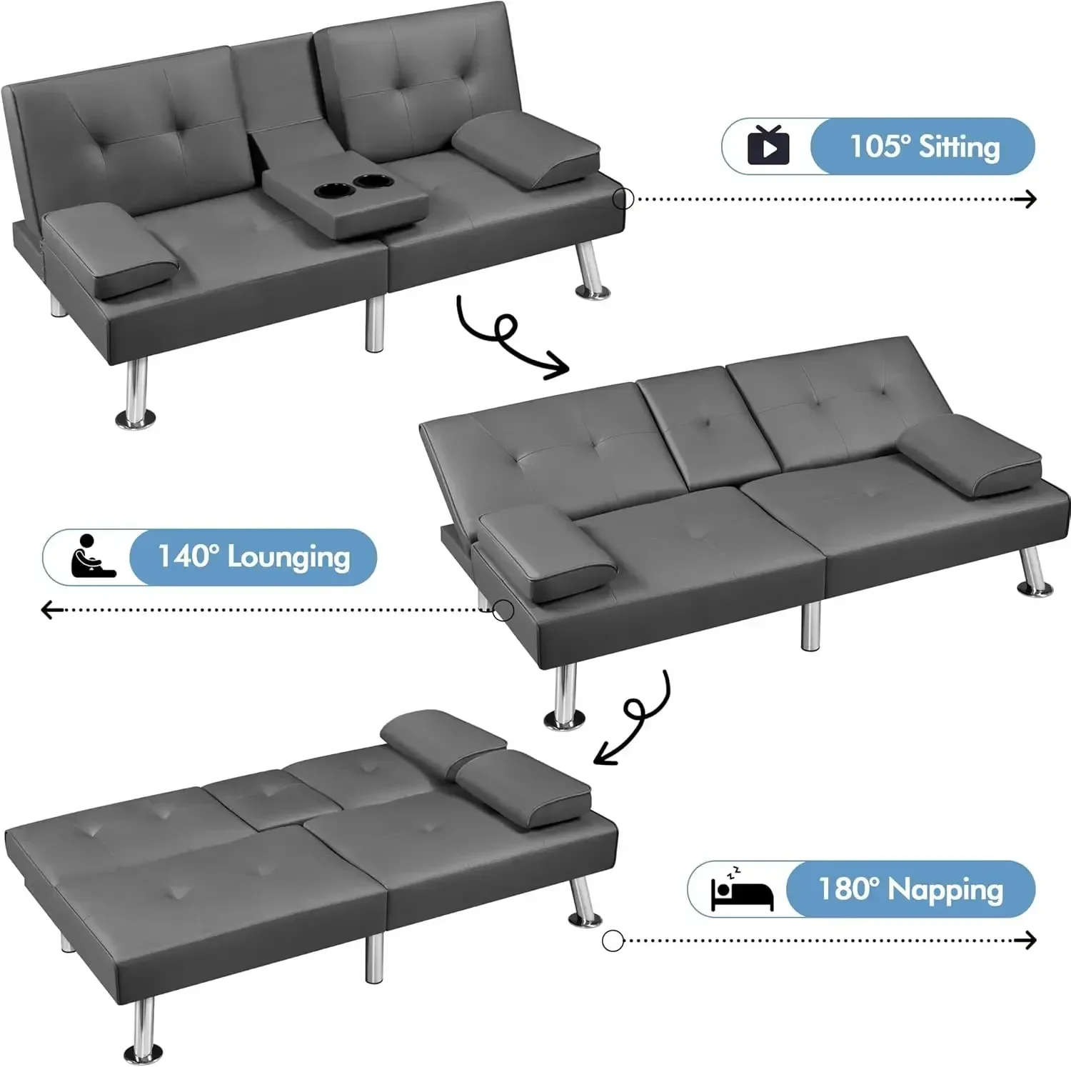 Convertible Sofa Bed Adjustable Couch Sleeper Modern Faux Leather Home Recliner Reversible Loveseat Folding Daybed Gue