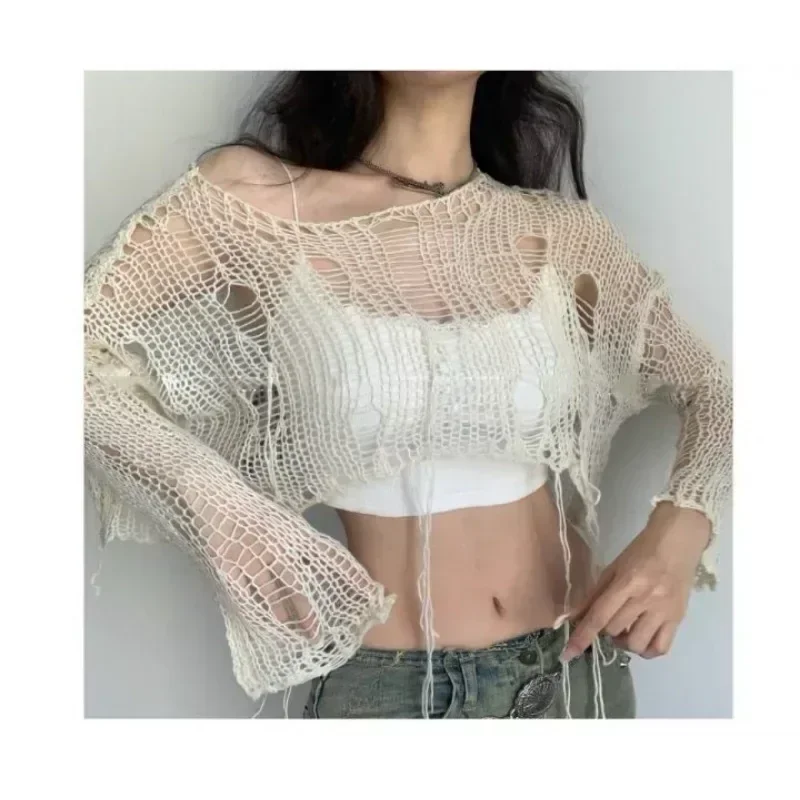 White Slash Neck Grunge Knitted Women\'s Sweater Hole Ripped Pullover Crop Top Harajuku Hollow Out Sexy Summer Jumpers