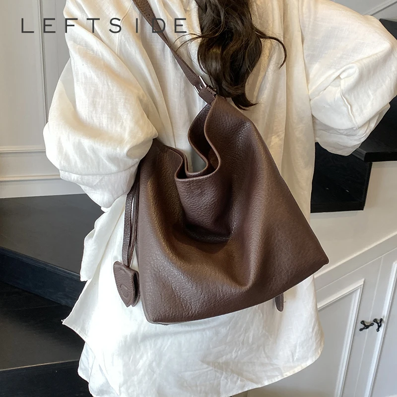

LEFTSIDE Small Solid Color PU Leather Bucket Bags for Women Shoulder Bags Females 2025 New Trend Luxury Handbags and Purses