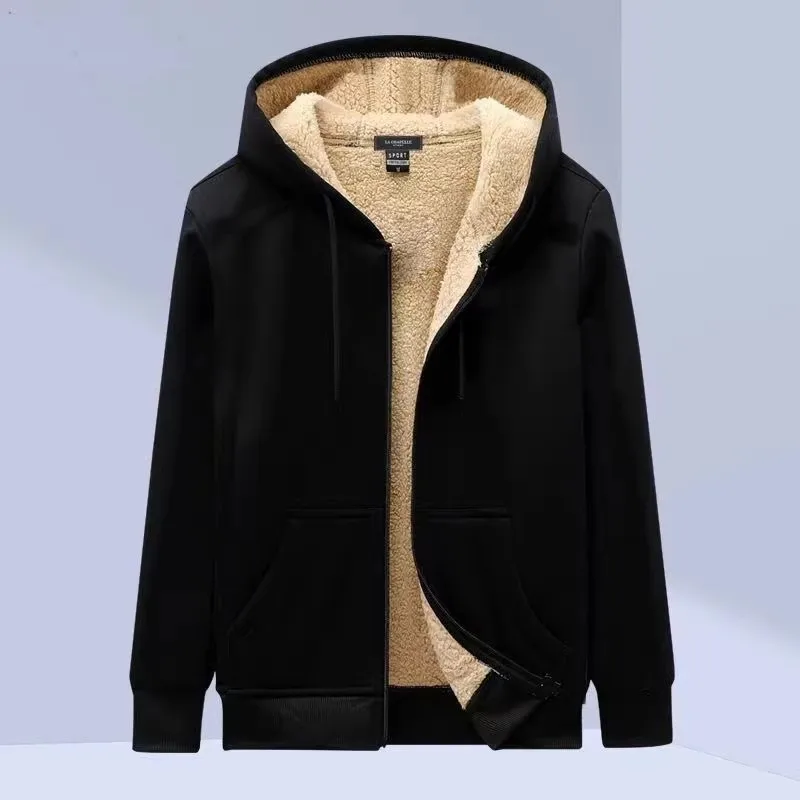 Lamb Fur Lined Hoodie Men's Autumn Winter Thickened Warm Casual Loose Open Cardigan Coat Youth Fashion Warmth Protection