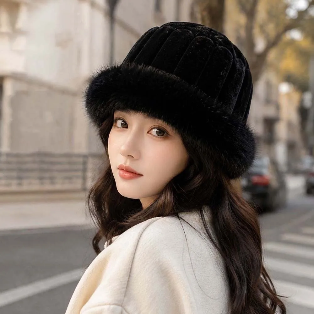 Vertical Texture Striped Fur Hat Fleece Lining Faux Fur Brim Plush Trapper Hats Soft Windproof Puffy Bucket Cap Teens