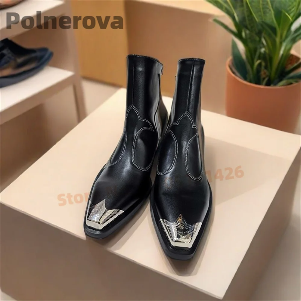 

Metal Pointed Toe Cowboy Boots for Women British Style Leather Chunky Heels Totem Ankle Boots Autumn Winter New Neutral Shoes