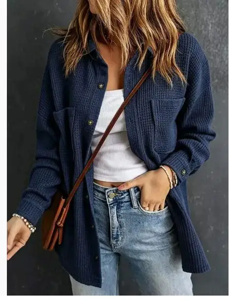 Waffle Knit Shacket for Women Oversized Button Down Shirt Long Sleeve Chest Pockets Loose Casual Navy Blue Shirt Jacket Tops