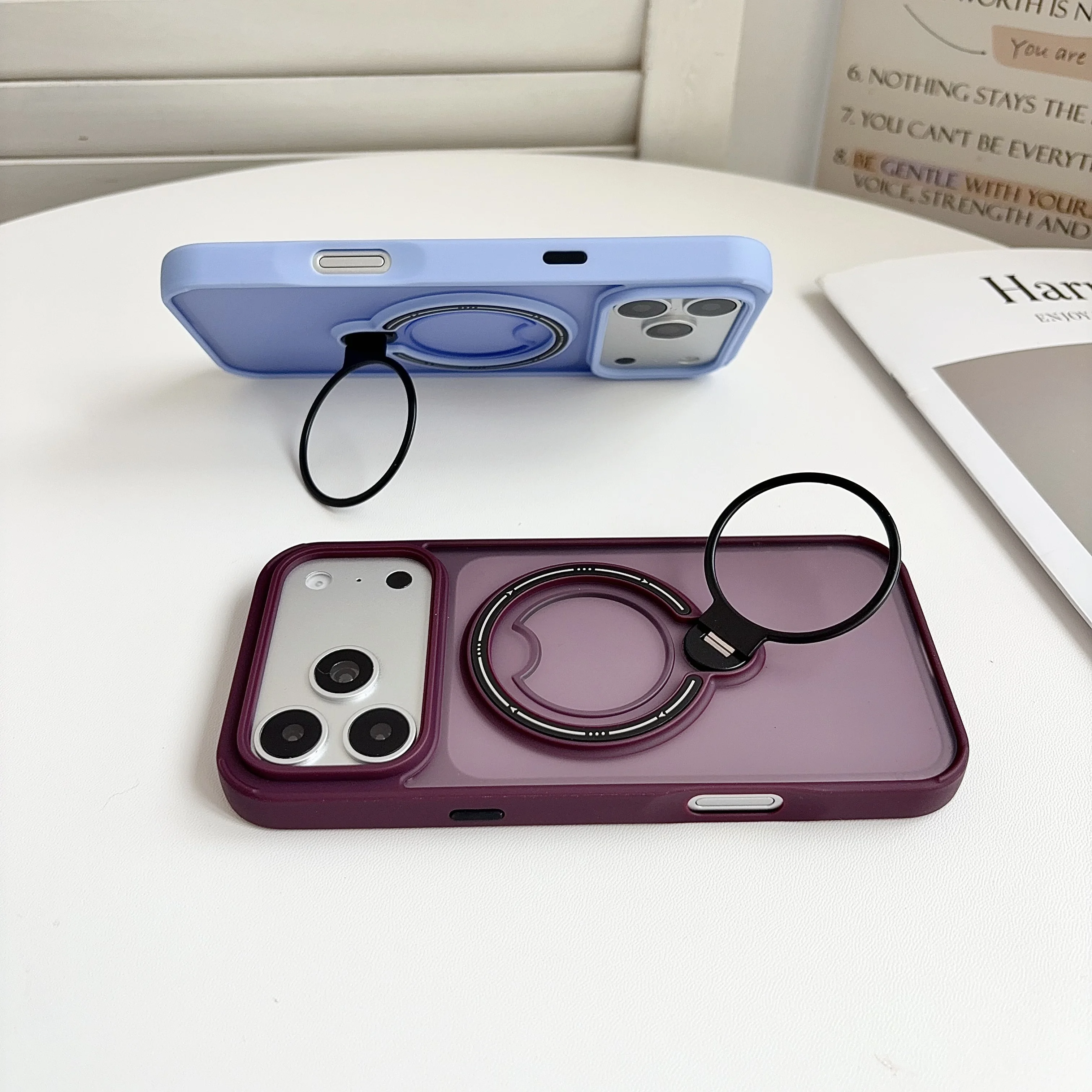 360° Rotating Holder Magnetic Phone Case For Iphone 17 18 Pro Max Stand Phone Cover For Magsafe Luxury Frosted Back Panel Shell