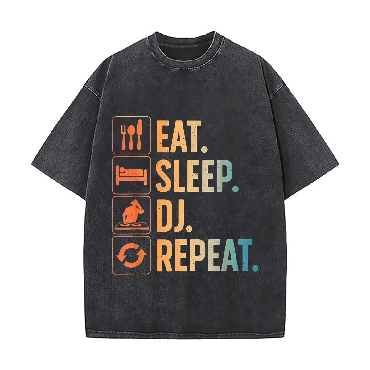 Eat Sleep DJ Repeat Washed Vintage Short Sleeve Loose Streetwear Tee
