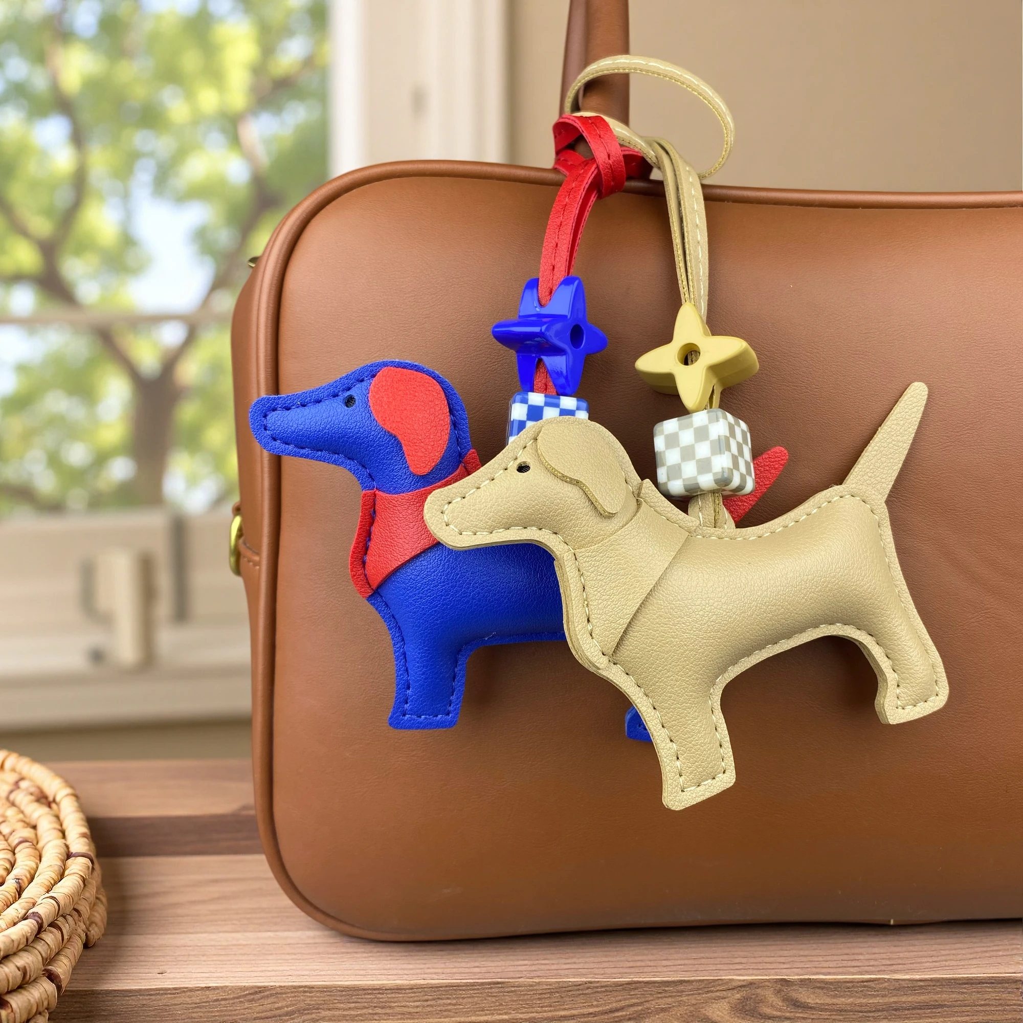 Handcrafted Leather Hound Dog Bag Charm/Keychain - Premium Craftsmanship, 7 Versatile Colors with Elegant Bead Accent-PU Leather