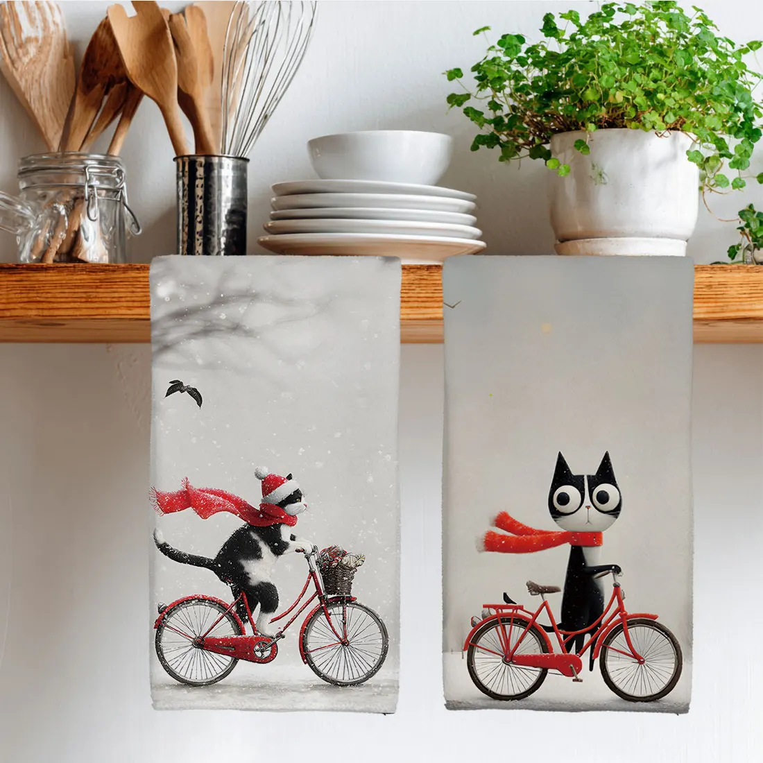 40x60cm Christmas Tea Towel Kitchen Dishcloth Cat Dog Riding Bicycles in Snow Scenery Water Cleaning Cloth Gift Christmas Decor