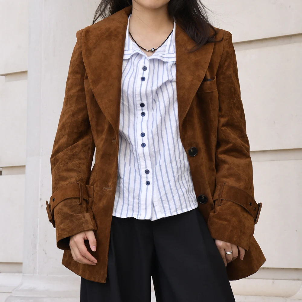 Kurtka damska Luxyonuo z prawdziwej skóry zamszowej, modny, dopasowany płaszcz ze skóry naturalnej, nowy styl na jesień i zimę 2025, nowość w odzieży wierzchniej z prawdziwej skóry.