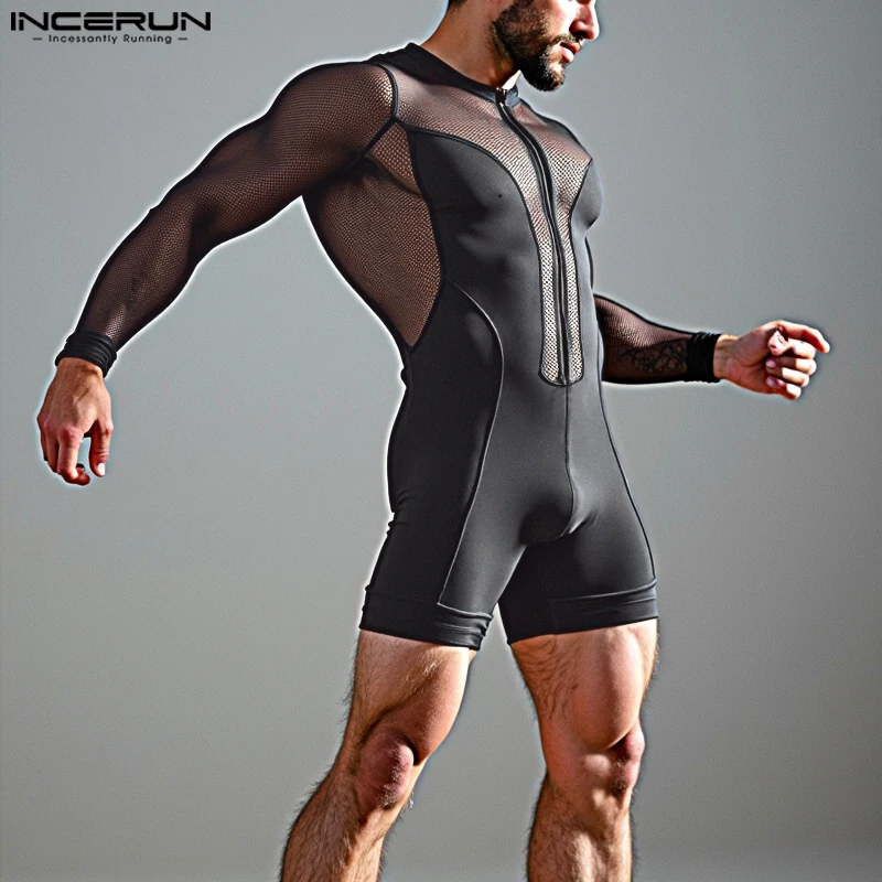 INCERUN Men Causal Long Sleeved Bodysuits Well Fitting Mesh Splicing O-Neck Zipper Onesizes Simple Hollow Comfortable Homewear