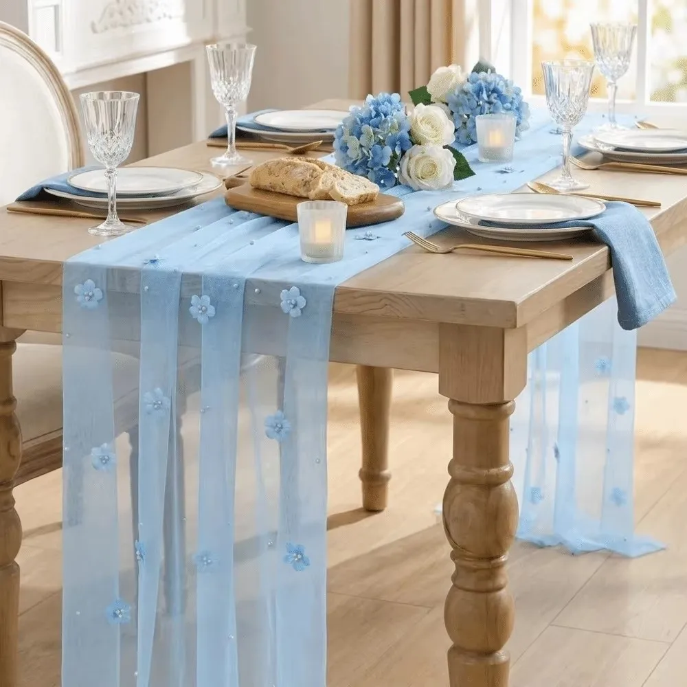 75*300CM Tulle Table Runner Romantic Semi-Transparent Lace Table Runner Polyester Vintage Sheer Table Cover For Table Decoration