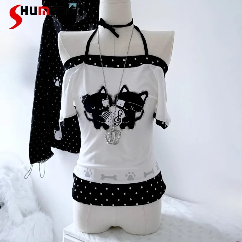 

Japanese Cartoon Love Cat Polka Dot One-word Shoulder Short Sleeves Tees Splicing Unique Design Doll Feeling Daily Wear T-shirts