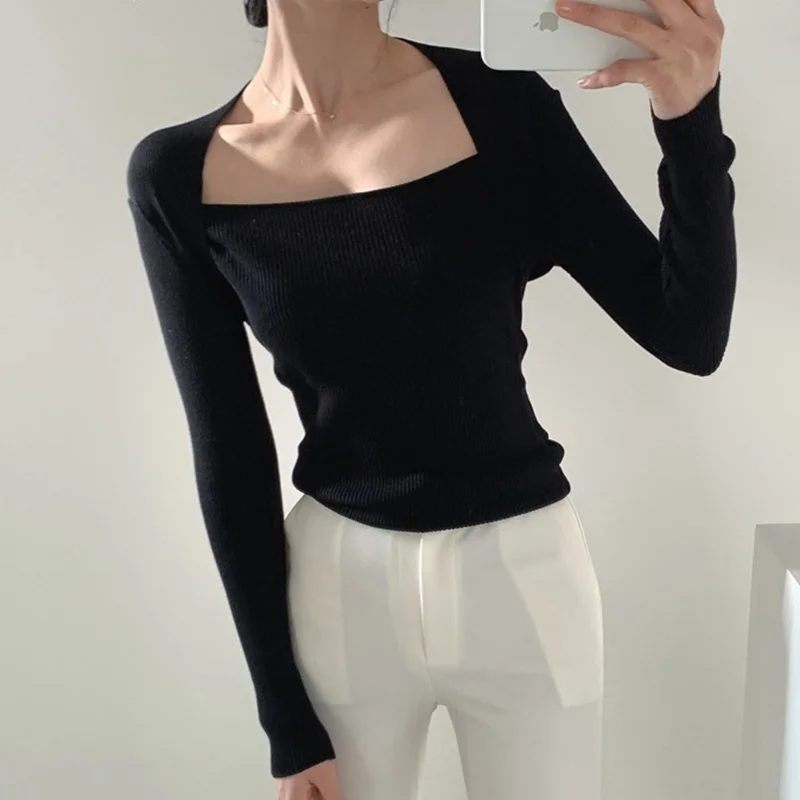 

Slim Fit Long Sve Knitted Top Square Collar Design Women's Faionable Inner Wear Cotton Blend Comfortable Autumn Top