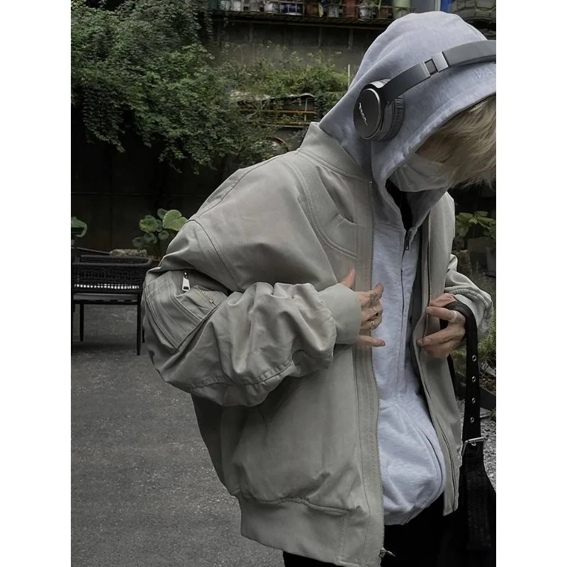 Men Vintage Bomber Jacket Loose Casual Cargo Couple Baseball Coat Autumn Streetwear