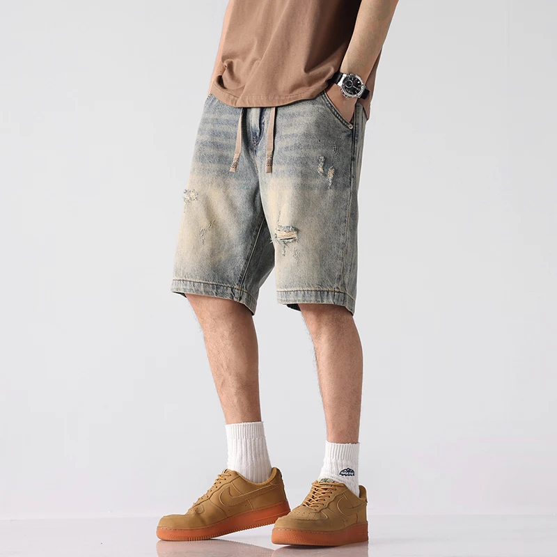 

Distressed Washed Muddy Denim Shorts - American Vintage High Street Vibe Men's Summer Casual 5-Pocket Mid-Thigh Shorts