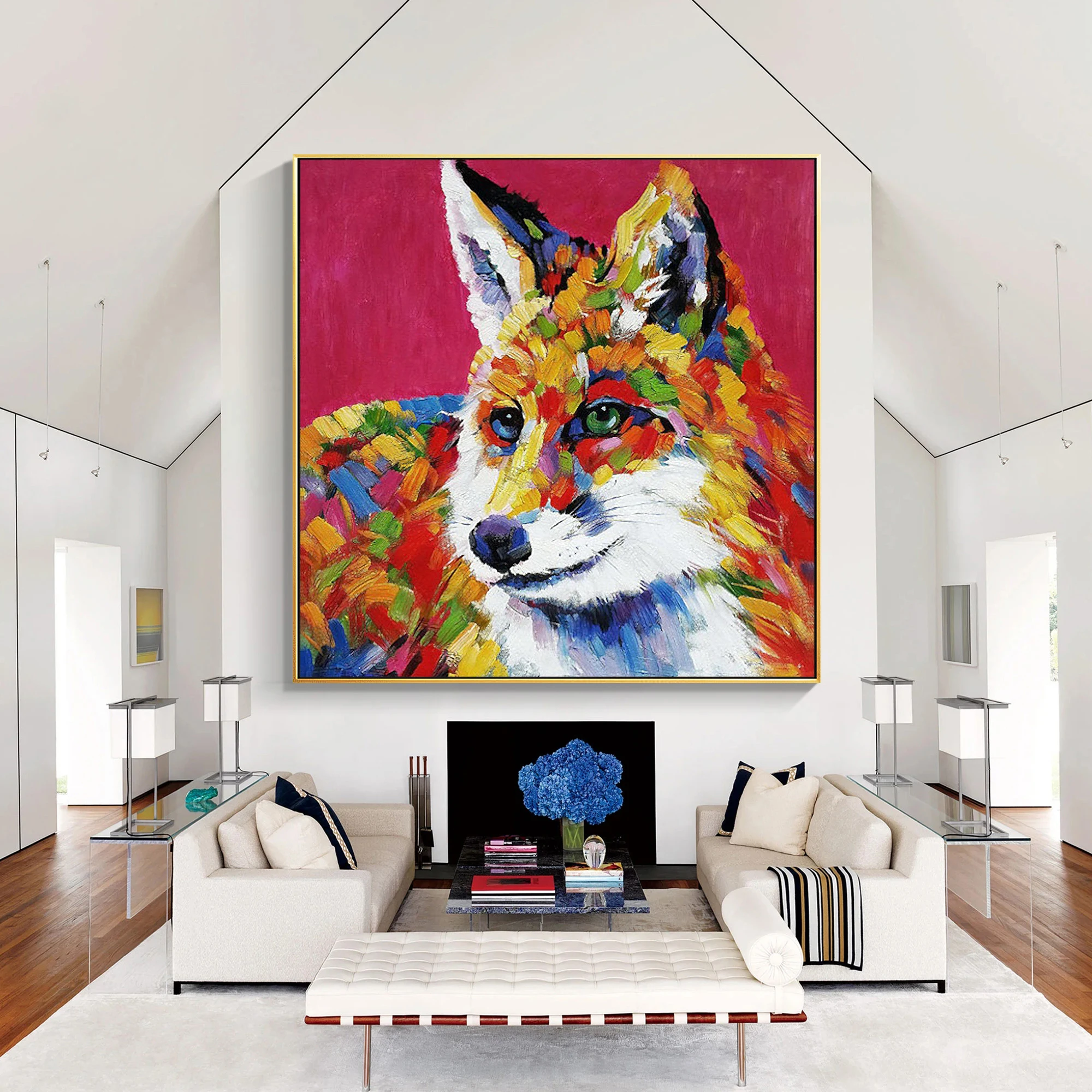 Hand Painted Foxes Colorful Animal Acrylic Palette Knife Textured Painting On Canvas Large Wall Art Modern Living Room Wall Art