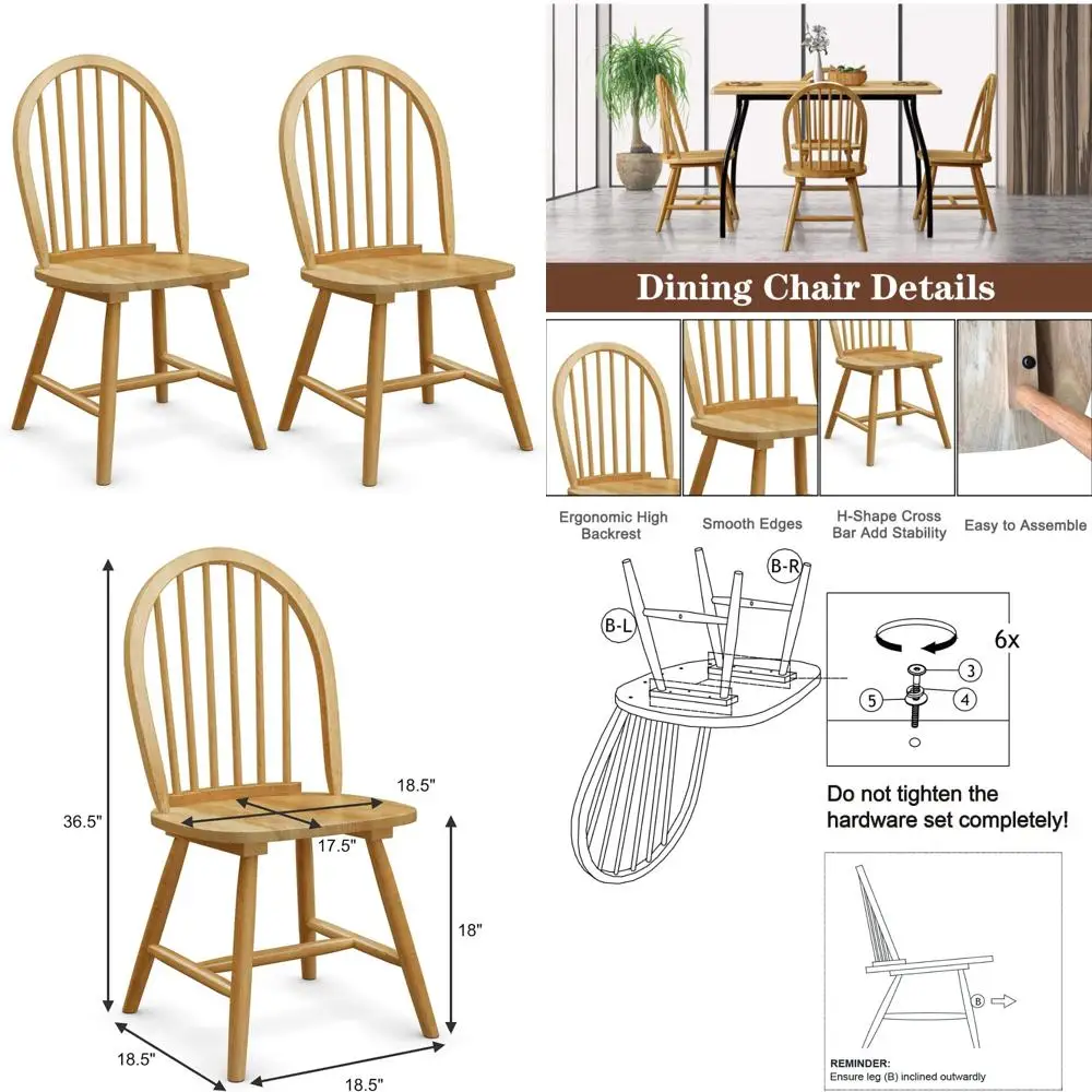 Set di 2 sedie da pranzo Windsor in legno massello, design con schienale alto, stile country vintage, barre trasversali a forma di H, Dini confortevole