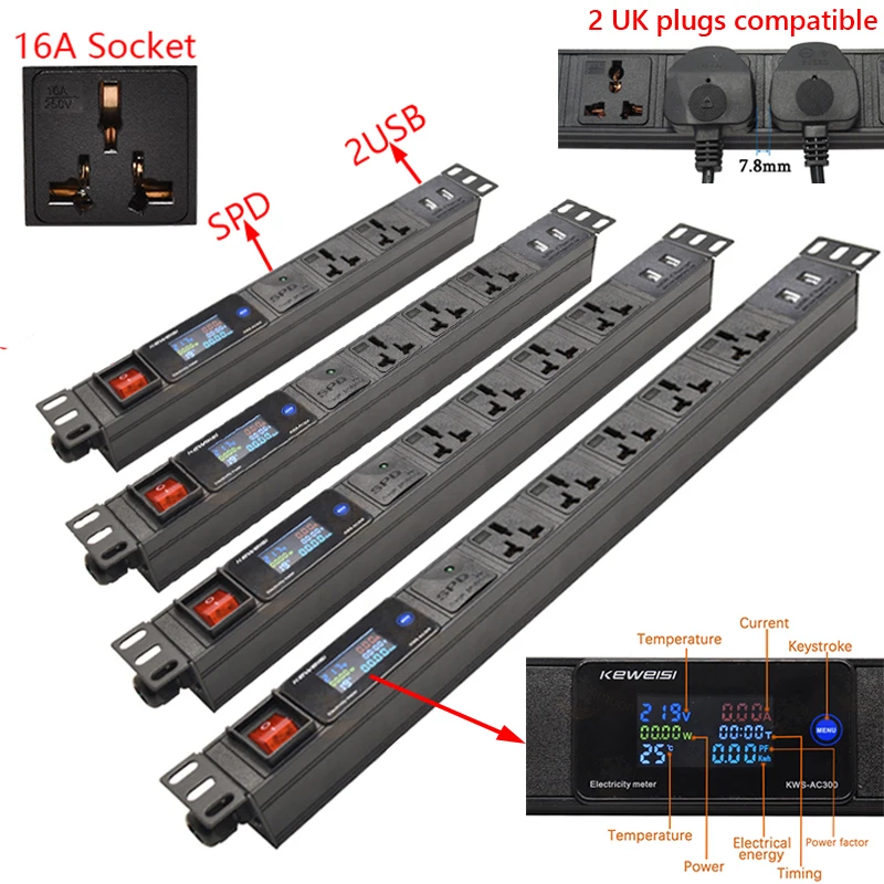 

Smart PDU Power Strip Unit Digital voltage measuring instrument SPD 16A Universal Socket 2 UK plugs compatible 2USB Port