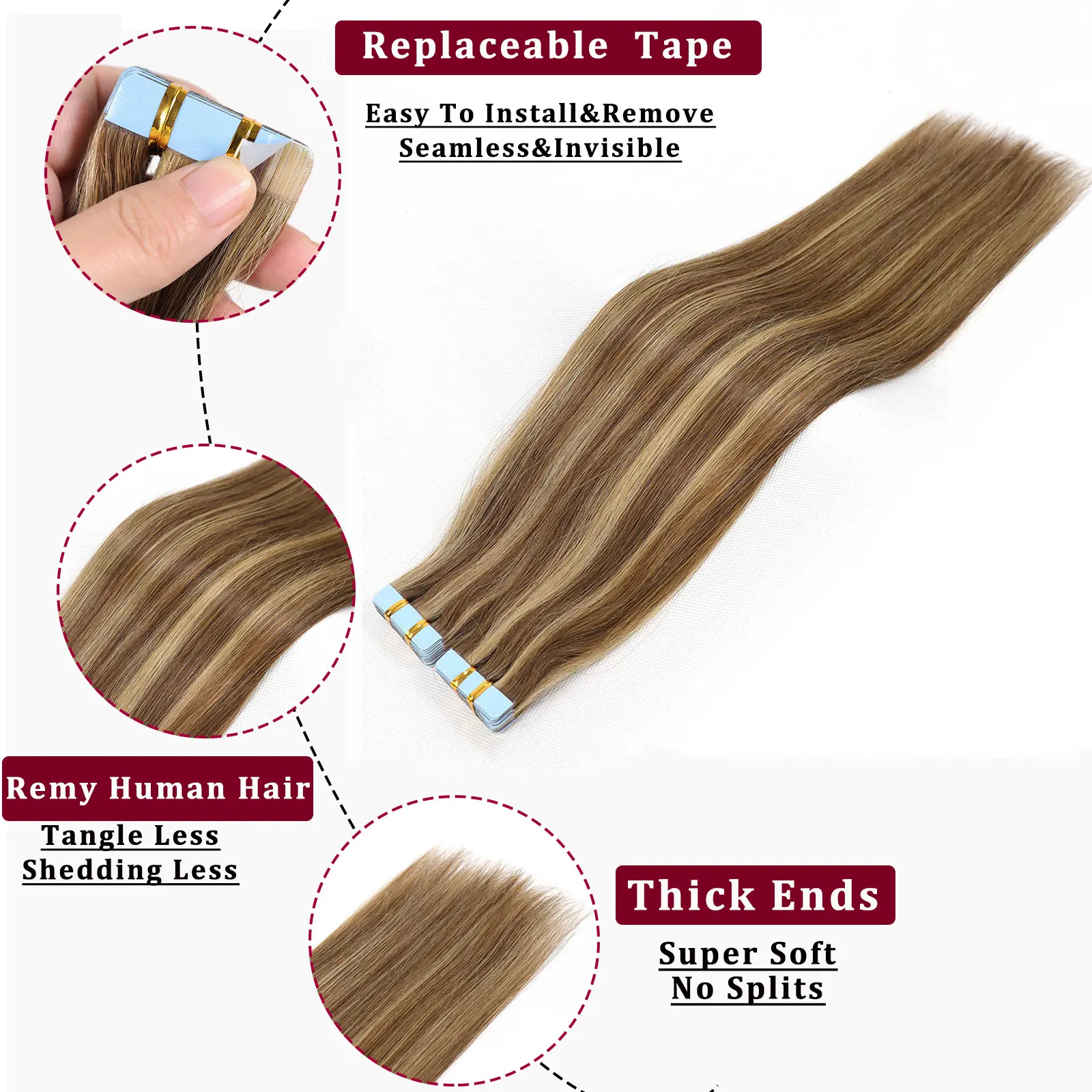 Honey Blonde Highlight Tape In Human Hair Extensions For Women Double Drawn Invisible Silky Straight Balayage Hair 20pcs/Pack