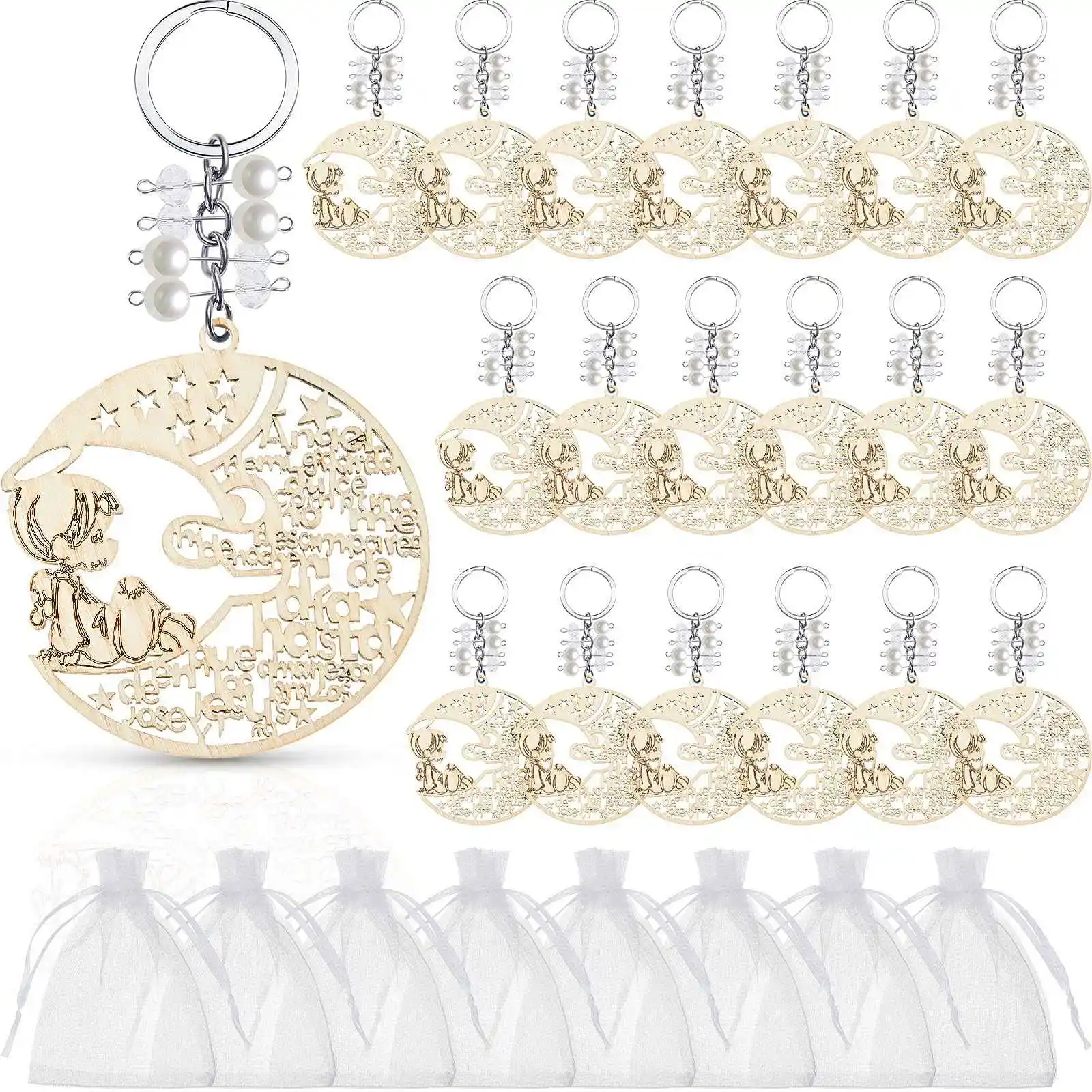 Baptism Wood Keychains Angle Moon Design Baptism Favors with Organza Bags for Boy Girl Baby Shower Baptism Supplies