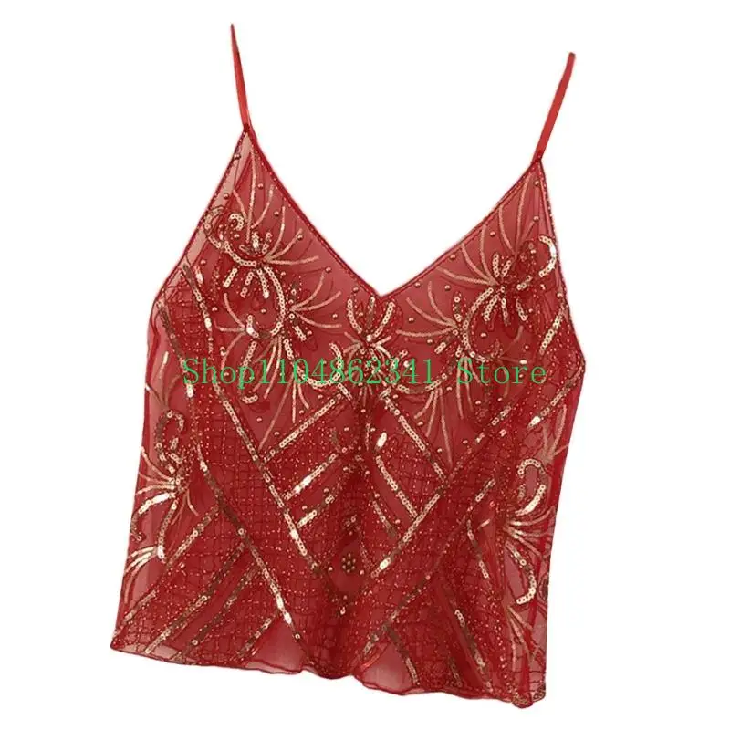 5asd Womens Sparkling Sequins Sheer Mesh Camisole Spaghetti Straps V Neck Crop Top Sleeveless Vest for Cocktails Club