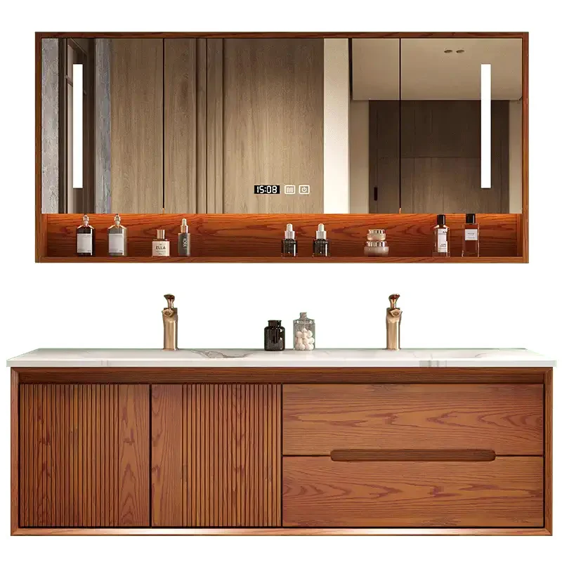 

Классический деревянный туалетный столик с зеркалом и роскошной мебелью для ванной комнаты со встроенным ящиком.