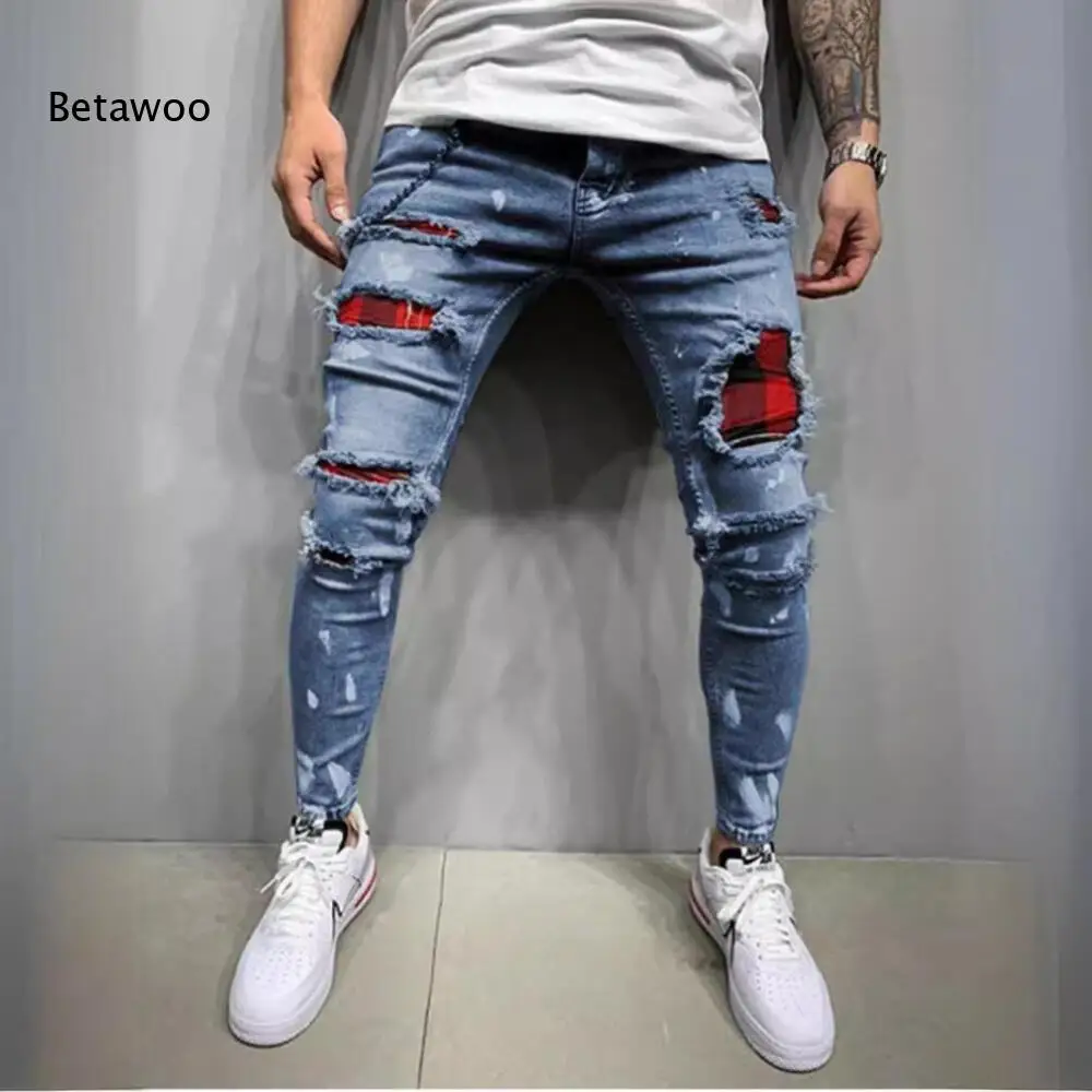 Mens Skinny Fit Jeans Distressed Ripped Holes Red Plaid Patchwork Ornament Paint Splatter Look For Hip Hop Street Scenes