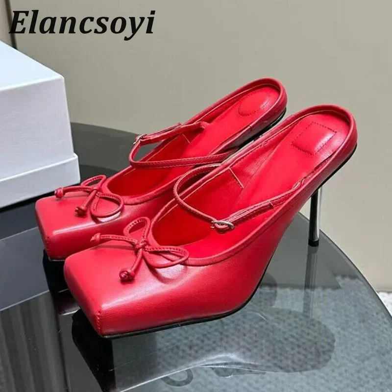 Fashion Square Toe Bowknot High Heels Half Slippers Women Summer Genuine Leather Thin Heels Sandals Outdoor Lazy Mules Shoes