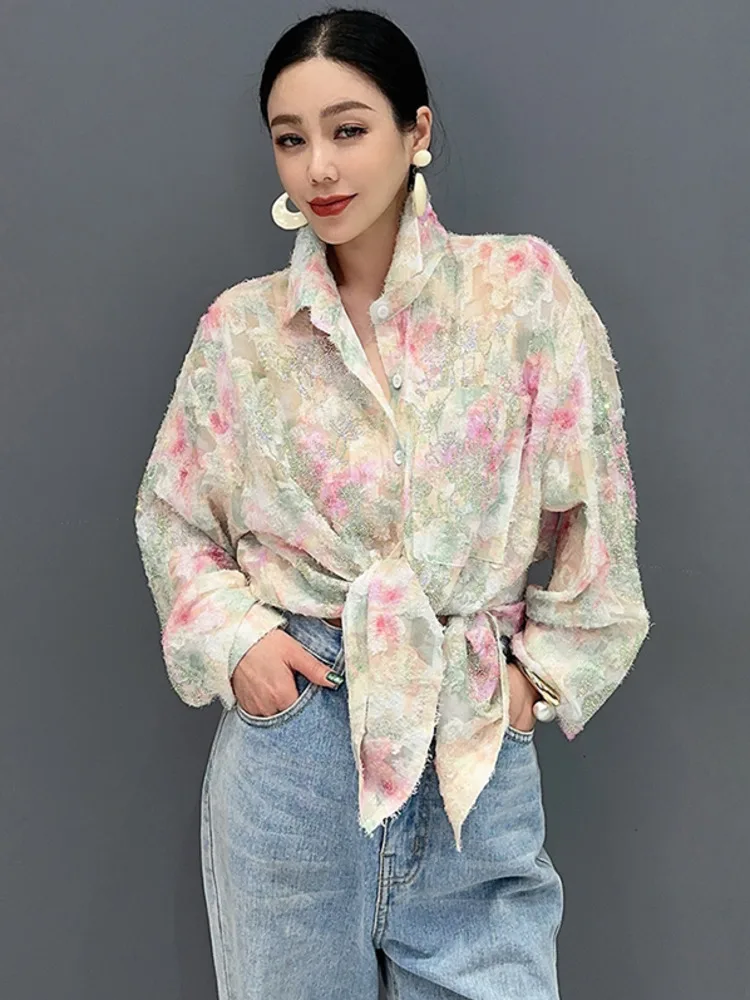 SHENGPALAE 2024 Summer New Butterfly Color Block Fashion Versatile Female Blouse Single Casual Large Women Shirt Clothes 5C1264