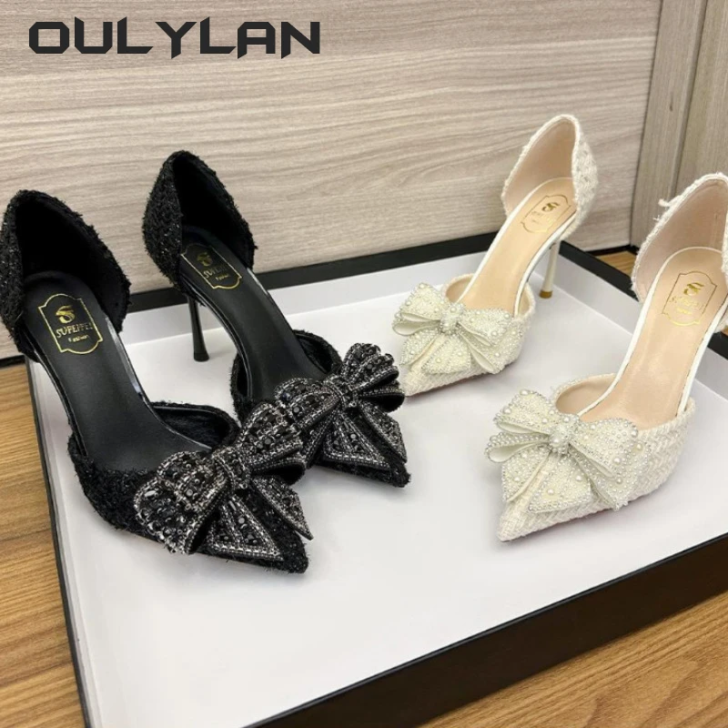 Oulylan Pearl Crystal Bowtie White Wedding Shoes Women 2024 Brand Designer High Heels Pumps LadiesThin Heeled Party Shoes