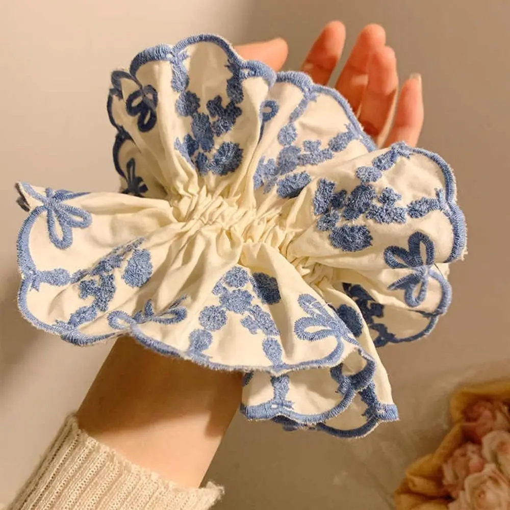 Exquisite Flower Shape Lace Scrunchies Bow Cloth Embroidery Large Hair Scrunchies Blue Hair Tie Exaggerated Hair Rope Girl