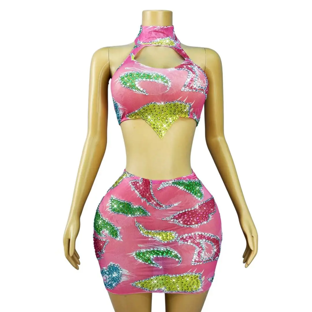 Bianlitie Colorful Crystal Rhinestone Pink Mesh Halter Two Piece Skirt Set for Drag Queen Stage Performances and Nightclub Shows