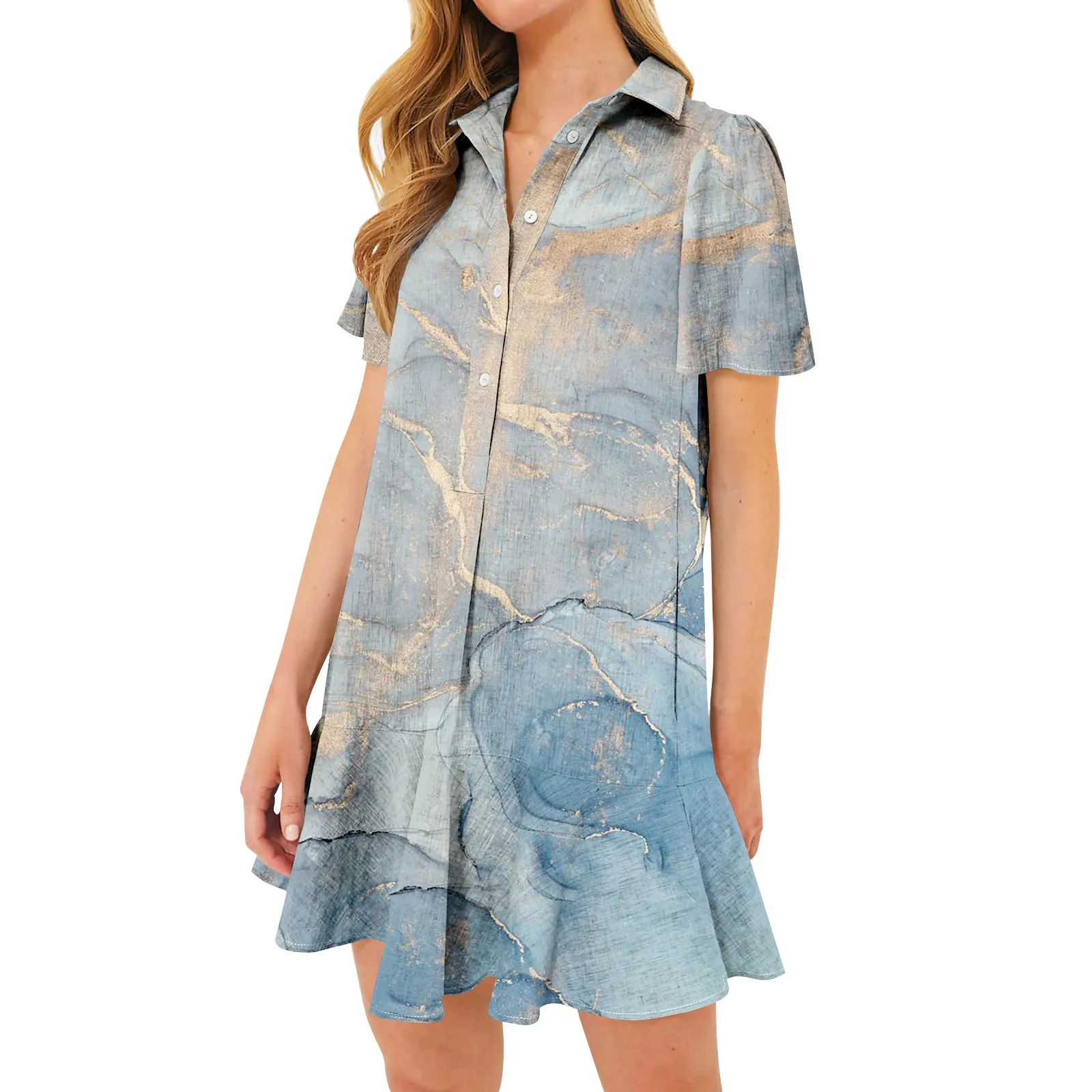 2024 New Women'S Casual Half Open Shirt Hem Ruffle Textured Stone Printed Short Sleeve Dresses сарафан женский Uzun Elbiseler