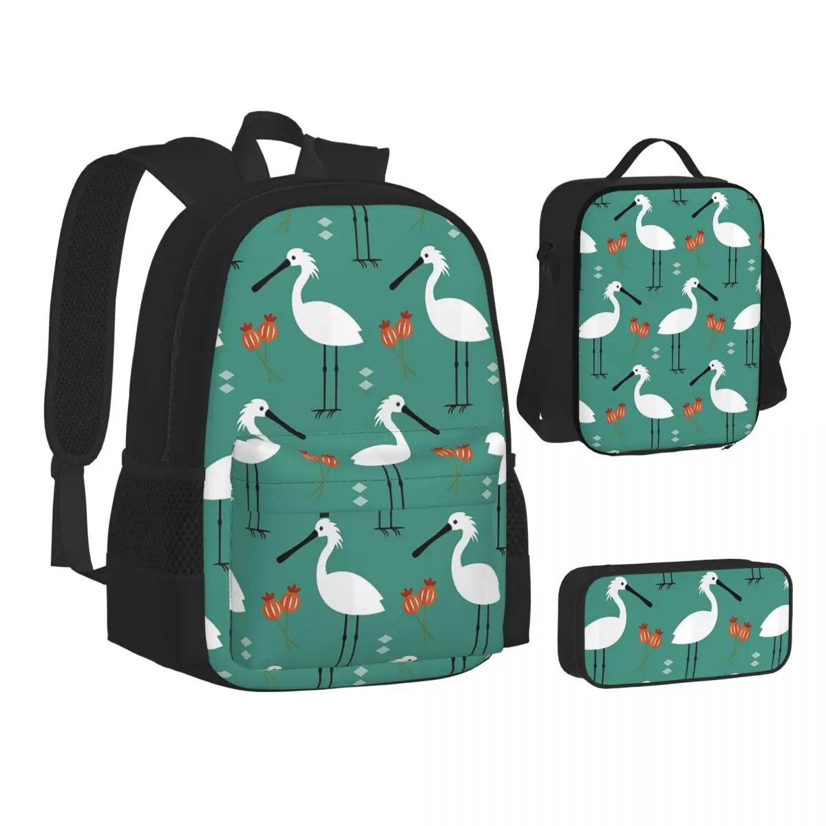 Spoonbills On Blue Backpacks Boys Girls Bookbag School Bags Children Rucksack Lunch Bag Pen Bag Three-Piece Set