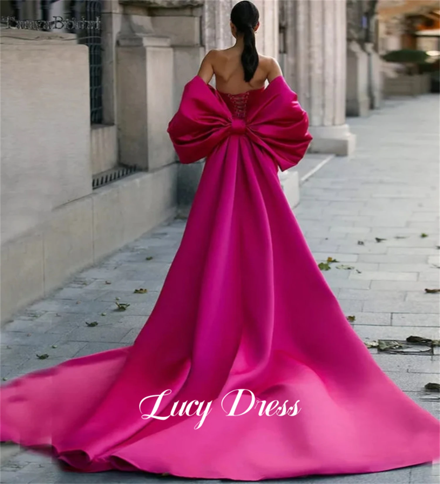 

Lucy Bow Shawl Wedding Evening Dress Satin Rose Red Long Dresses Gala Woman Elegant Formal Occasion Prom Party Women 2024 New