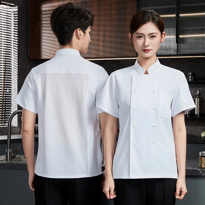 Uniforme de Chef de restaurante de manga corta, chaqueta de Chef de malla transpirable para hombre con delantal, abrigo de Chef de cocina, ropa de trabajo negra para mujer con logo