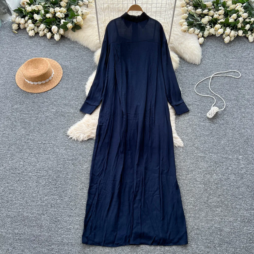 Chic vintage Polo-Neck long sleeve rhinestone solid Elegant Fairy korean fashion Boho Sundress women clothing Long dress