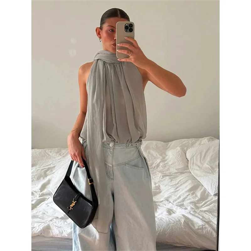 BKQU Chiffon Sleeveless Crop Top Women Summer 2026 See Through Elegant Y2K Fashion Sexy Ribbon Tank Top Streetwear Clothes