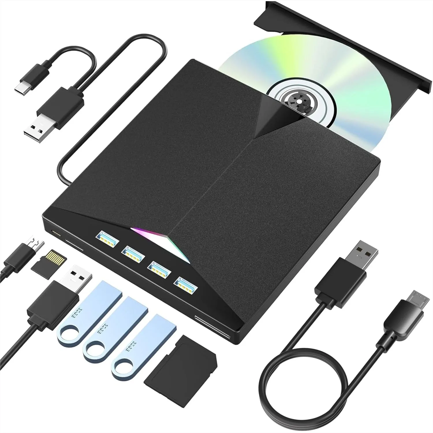 

External CD/DVD Drive for Laptop, 7-in-1 USB 3.0 DVD Burner with SD/TF Slots, Portable for Mac Windows Linux